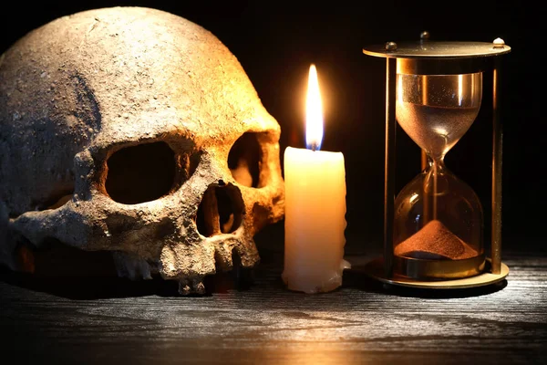 Vintage Still Life Lighting Candle Human Skull Hourglass — Stock Photo, Image