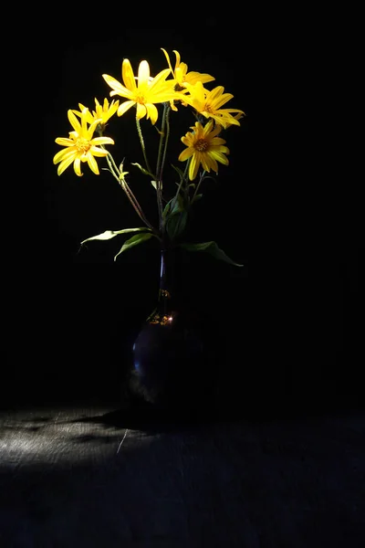 Красивые Желтые Полевые Цветы Стеклянной Вазе Черном Фоне — стоковое фото