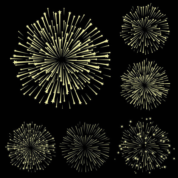 Set of fireworks, part 5, yellow shadow isolated on black background, vector illustration