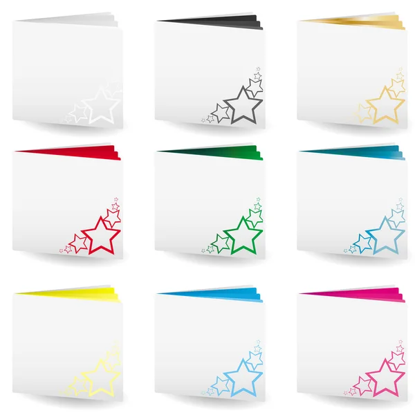 Set of file folders with bright colored pages and cut out stars on cover — Stock Vector