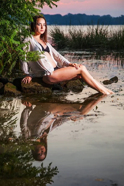 Attractive Girl Lingerie White Shirt Sitting Rock River Dawn Beauty — Stock Photo, Image