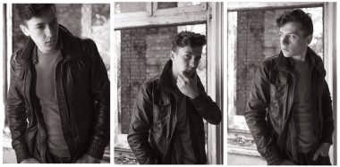 eski püskü duvar arasında bir deri ceketli bir çocuk portresi