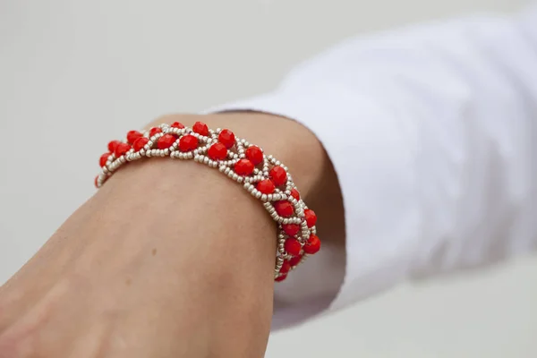 Stylish Red Bead Bracelet Female Hand Closeup — Stock Photo, Image