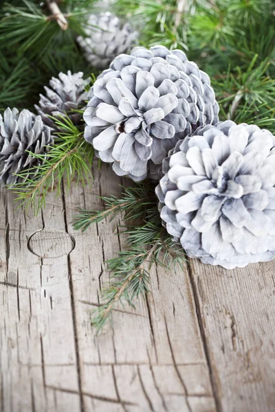 Kerstversiering Evergreen Dennenboom Tak Witte Dennenappels Close Houten Achtergrond — Stockfoto