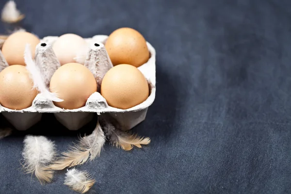 Domácí kuřecí vejce v lepenkové nádoby a peří. — Stock fotografie