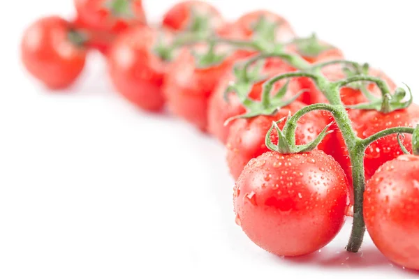 Fresco orgánico húmedo tomates cherry manojo primer plano aislado en whit —  Fotos de Stock