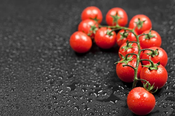 Tomates cereja orgânicos frescos bando closeup em preto molhado backgro — Fotografia de Stock