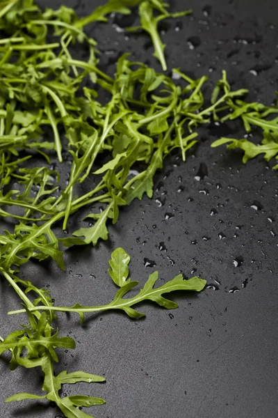 Green fresh rucola or arugula leaves closeup on black wet backgr — Stock Photo, Image