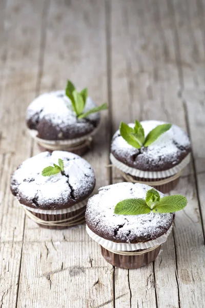 Färsk choklad mörk muffins med socker pulver och myntblad på — Stockfoto