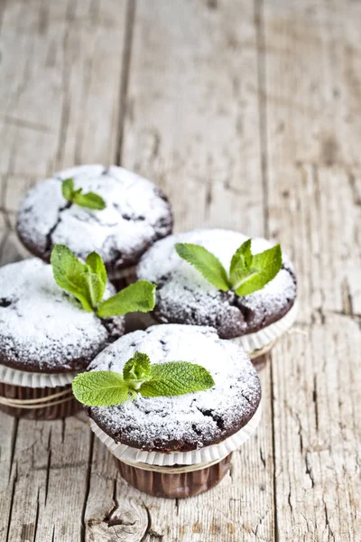 Färsk choklad mörk muffins med socker pulver och myntblad på — Stockfoto