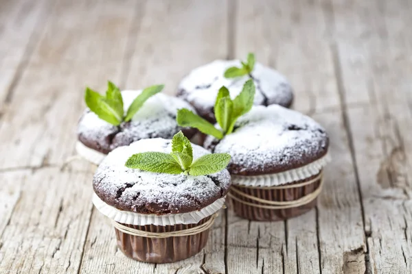 Muffins escuros de chocolate fresco com açúcar em pó e folha de hortelã — Fotografia de Stock