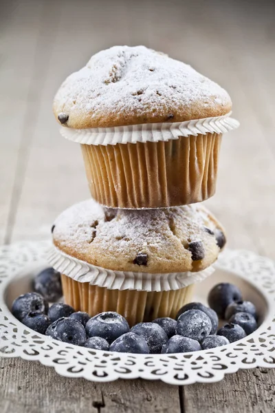 Due muffin freschi fatti in casa con zucchero in polvere e mirtilli — Foto Stock