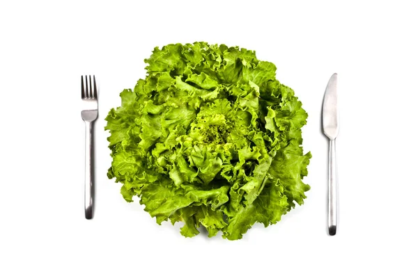 Ekologisk grönsallad, gaffel och kniv på vit bakgrund. — Stockfoto
