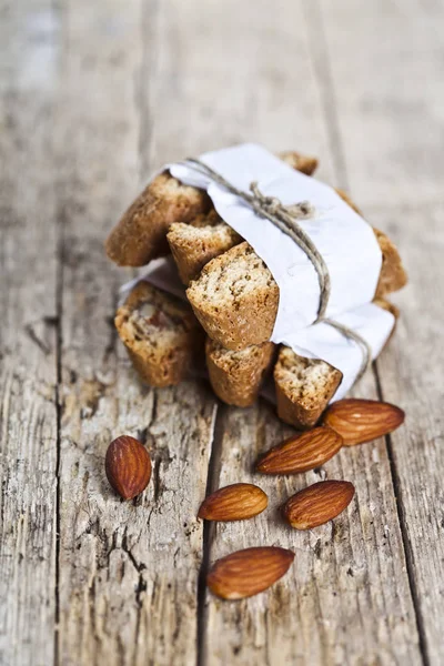 Fresh homemade Italian cookies cantuccini stackes and almond see — Stock Photo, Image