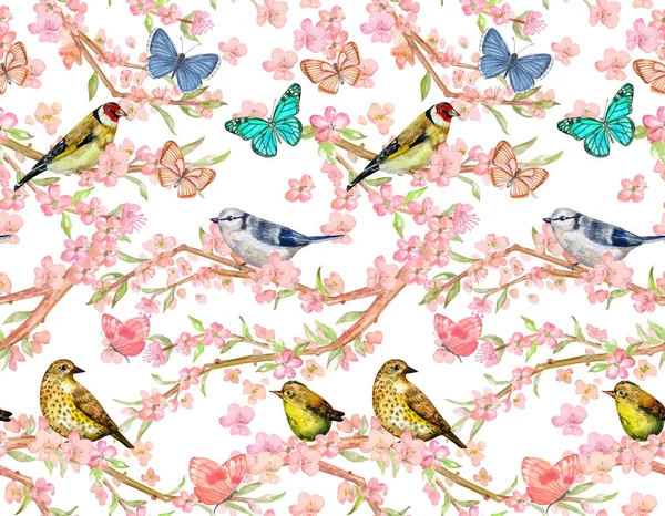 Seamless pattern with birds on twigs of flowering cherry and butterflies — Stock Image Seamless Pattern Birds Twigs Flowering Cherry Butterflies Stock Image