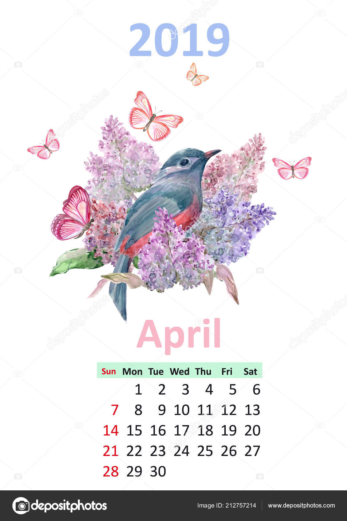 Calendario Abril 2019 Floral Romántico Con Pájaro Lila 