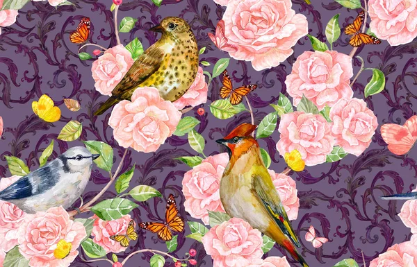 Vintage seamless pattern with birds on roses bush. watercolor painting — Stock Image Vintage Seamless Pattern Birds Roses Bush Watercolor Painting Stock Photo