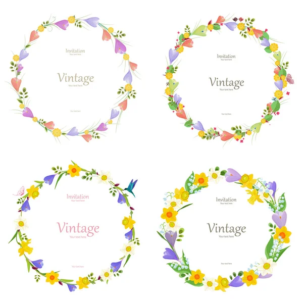 vintage collection of romantic wreaths with spring flowers for your design