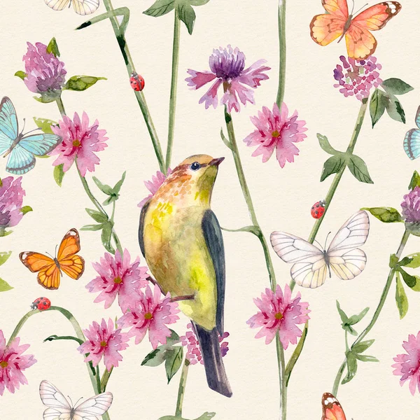 botanical seamless texture with bird in meadow flowers and butterflies. watercolor painting