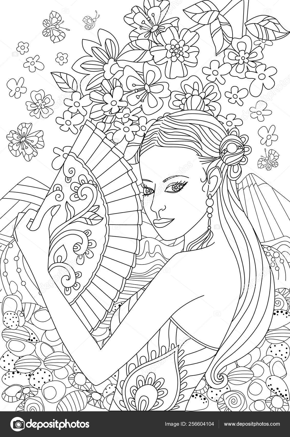 Beautiful Chinese Girl Fan Your Coloring Page Stock Vector Image by ...
