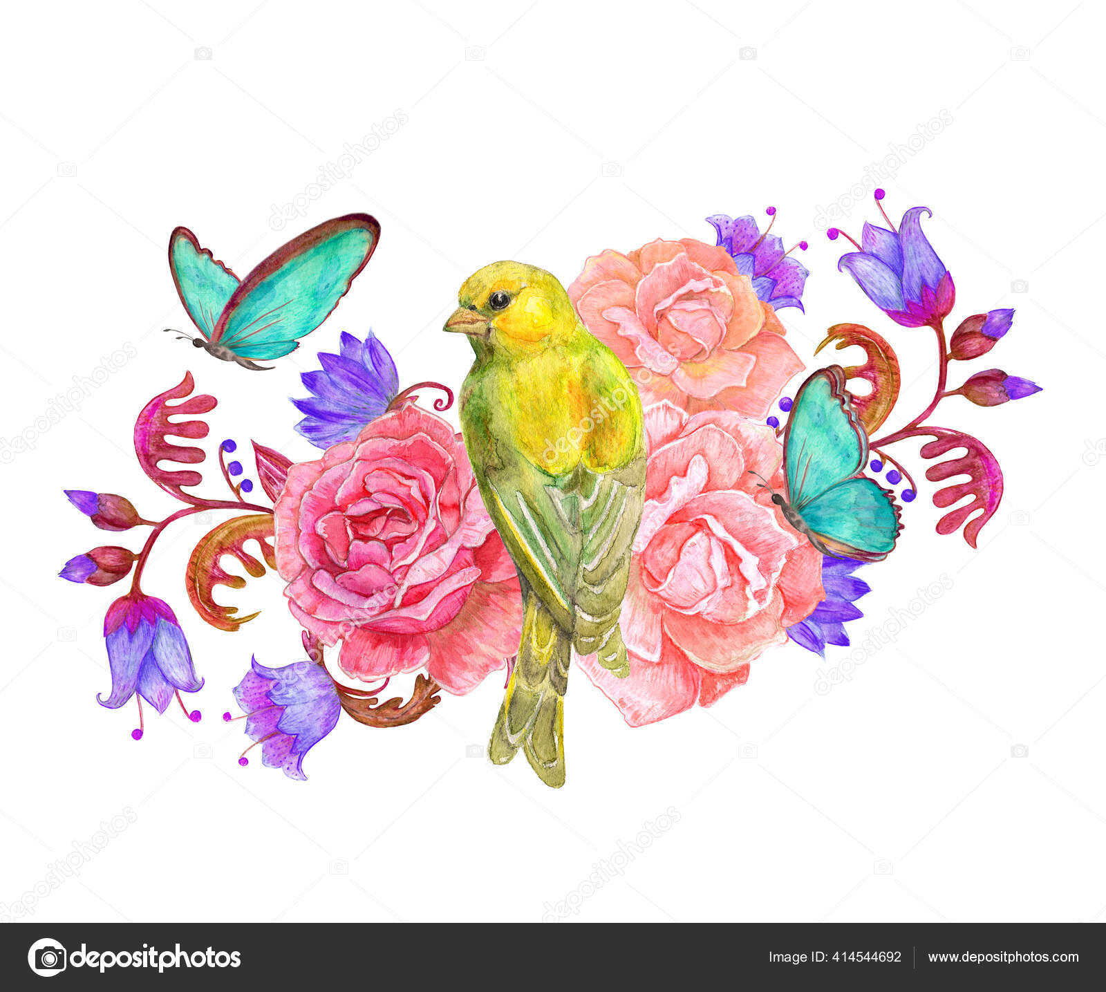黄色のかわいい鳥の空想の花のバラの配置を離れて飛んで蝶囲まれて座っている 水彩画 ストック写真 C Oksana 黄色のかわいい鳥の空想の花のバラの配置を離れて飛んで蝶囲まれて座っている 水彩画 ストック写真 C Oksana