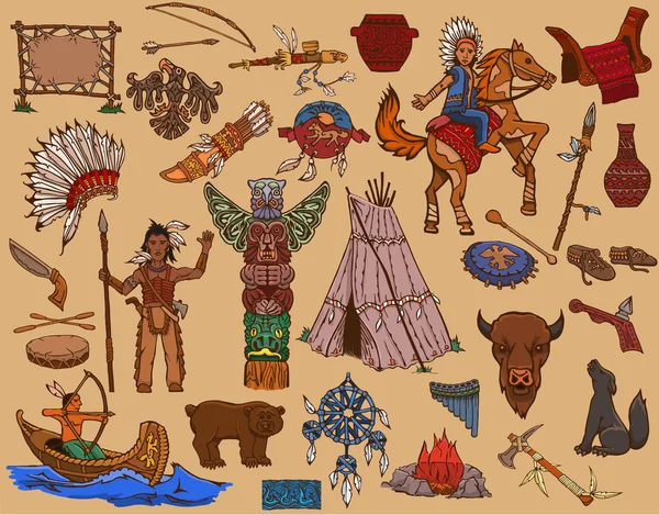 北アメリカのインディアンと生活の方法 — ストックベクタ