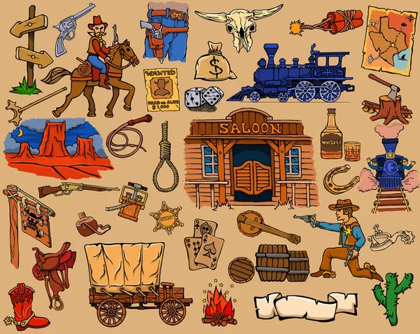 Cowboy Set People Life Wild West North America — Stock Vector