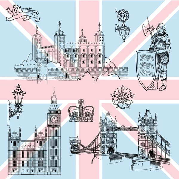 London Sights Details Characterizing England — Stock Vector