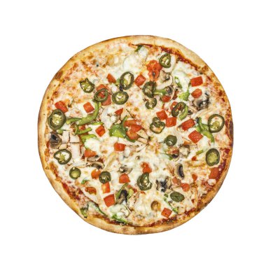 Pizza Meksikalı. Domates sos, tavuk göğsü, tatlı yeşil biber, soğan, petrol, domates, biber, jalapeno, zeytin, peynir mozzarella. Beyaz arka plan üzerinde izole