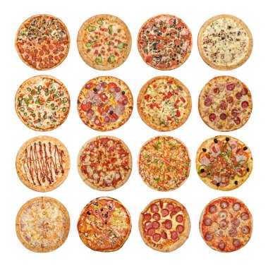 Farklı pizza büyük kümesi: Ham mantar ile Barbekü, Peperoni'nın, Meksika, tavuk, et, İtalyanca, Florentina, Bonanza, Margarita, Marinera, Hawaii, göl kenarında beyaz arka plan üzerinde