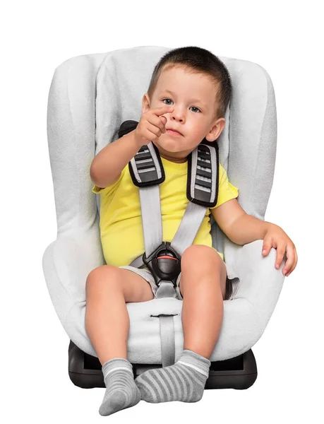 Three Year Old Boy Sits Automobile Children Chair Isolated White — Stock Photo, Image