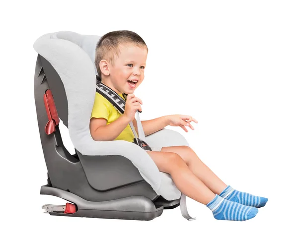 Three Year Old Boy Sits Automobile Children Chair Isolated White — Stock Photo, Image