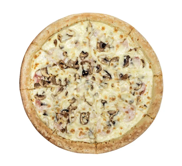 ピザ生ハムきのこ チーズ モッツァレラチーズ ソース フレッシュ マッシュ ルーム にんにくのみじん切り 白い背景に分離 — ストック写真