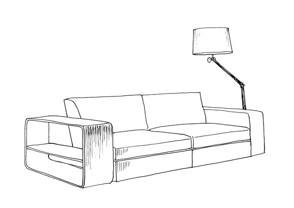 Szkic Graficzny Nowoczesna Sofa Krawężnik Lampa Podłogowa Liner — Zdjęcie stockowe