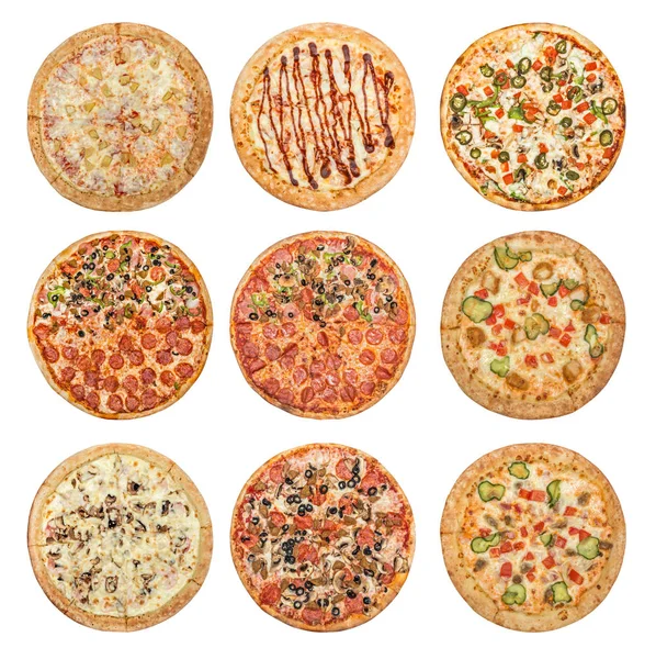 Big Set Different Pizzas Ham Mushrooms Barbecue Peperoni Mexican Chicken — Stock Photo, Image