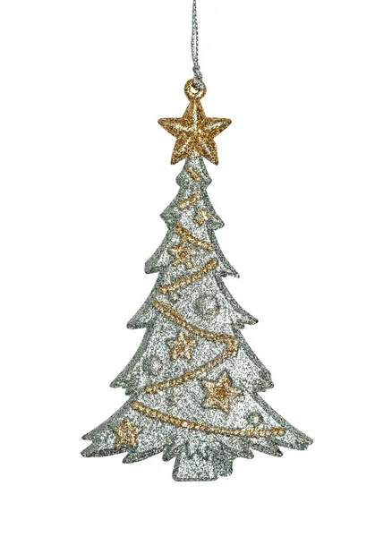 優雅なクリスマスの飾り 吊り下げブラケット 銀色と金色のモミの木の形で 白い背景に分離 — ストック写真