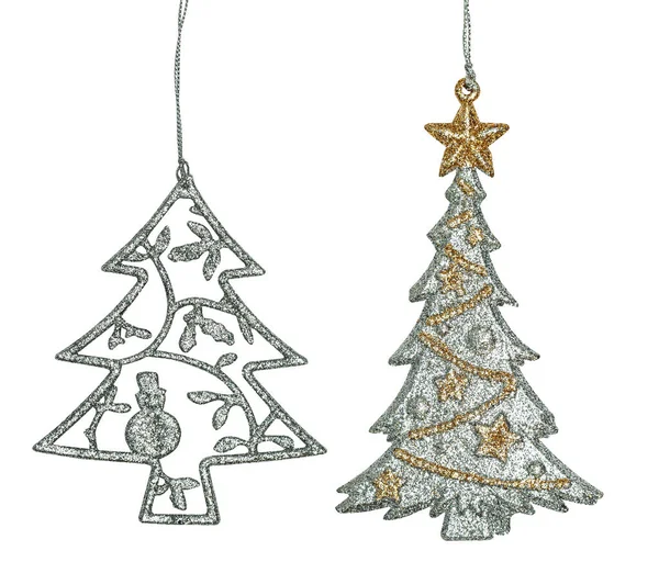 優雅なクリスマスの飾り 吊り下げブラケットのセットです 銀色と金色 Fir Treet の形で 白い背景に分離 — ストック写真