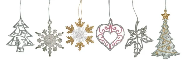 Conjunto Adornos Navidad Elegantes Hoja Copos Nieve Brillante Abeto Corazón —  Fotos de Stock