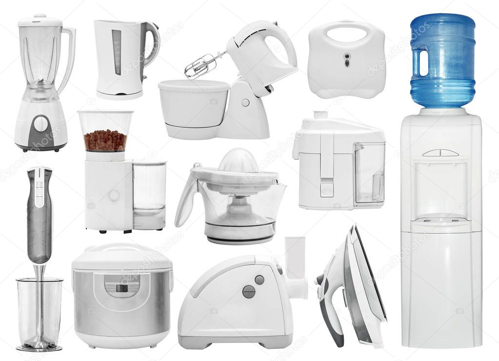 Set of different types of kitchen appliances, devices, equipment (blender, grinder, mill, multi cooker, cooler, crock-pot, multivarka, disassembled, mincer, hasher, chopper, extractor, squeezer, mixer, iron)  isolated on white