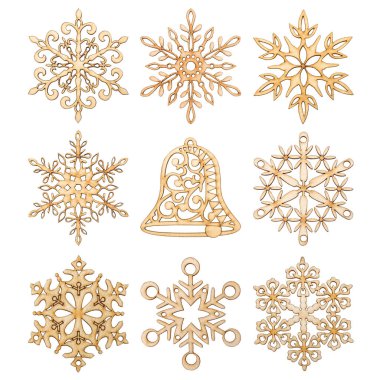 Noel kar taneleri ve el çan şekil dekorasyon ahşap ağaç beyaz izole yapılmış