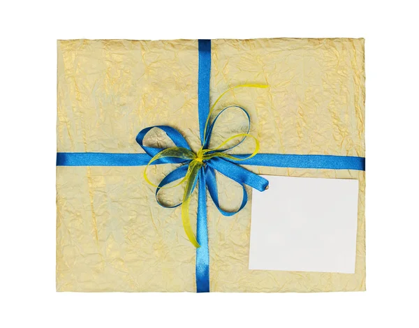 Yellow Gift Which Elegantly Packed Crumpled Paper Place Your Text — Stock Photo, Image