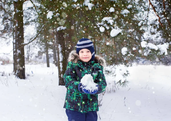 Έξι Έτος Παλαιό Αγόρι Είναι Στο Ξύλο Χιονόπτωση Γύρω Από — Φωτογραφία Αρχείου