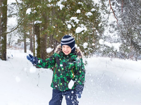 这个六岁的男孩在一场雪下的花费 雪花飞向松树树枝 冬季娱乐 — 图库照片