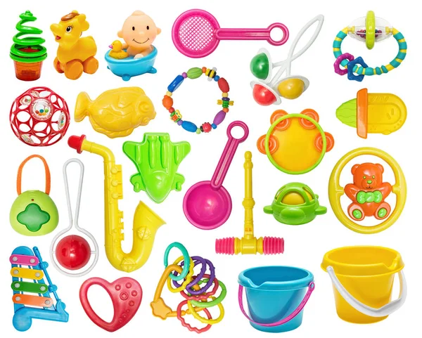 Set Plastic Toys Buckets Tooth Toys Rattles Plastic Bright Toy — Stock Photo, Image