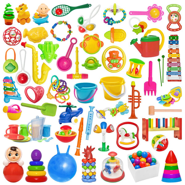 Big Set of plastic toys:buckets, tooth toys, rattles, pyramid, tumbler, kitchen ware, watering can. Plastic bright toy for the newborn isolated on white.
