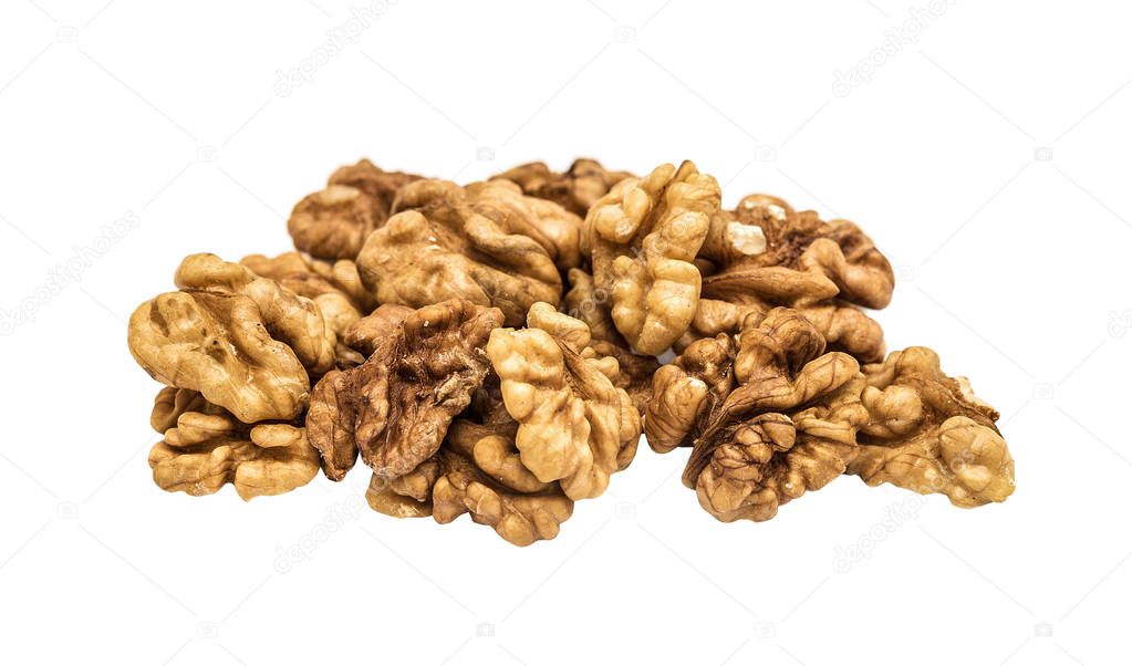 The peeled walnut, Persian walnut, on a white background isolated.