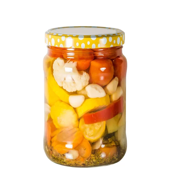 Tinned Vegetables Tomato Garlic Bush Pumpkin Cauliflower Fennel Glass Jar — Stock Photo, Image