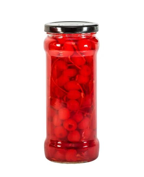 Tinned Cherry Stone Branch Glass Jar Isolated White — Stock Photo, Image