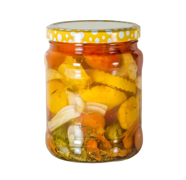 Κονσερβοποιημένα Λαχανικά Ντομάτα Μπους Κολοκύθα Κουνουπίδι Σκόρδο Μάραθου Ένα Ποτήρι — Φωτογραφία Αρχείου