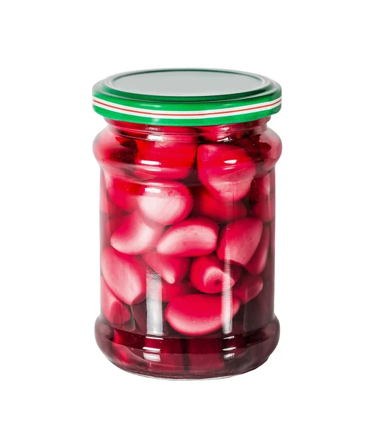 Tinned Garlic Beet Glass Jar Isolated White — Stock Photo, Image